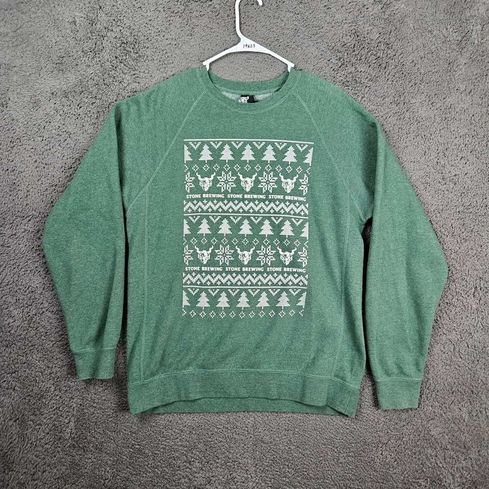 Stone Brewing Mens Green Ugly Christmas Sweater Raglan Sweatshirt Large Beer